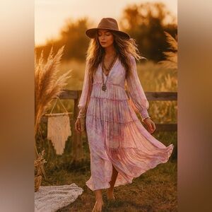 Rococo Sand Etre Metallic Maxi Dress Pink Resort Long Sleeve Womens Size Small